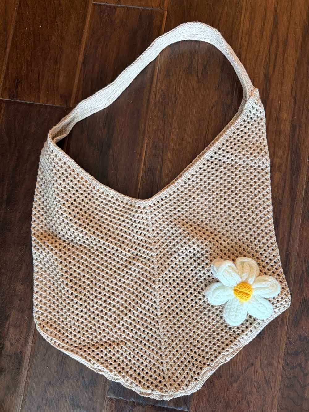 Handmade Cream Crochet Shoulder Bag with Daisy Accent